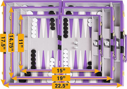 Backgammon Set 11 inch, Small - Classic Board Game for Adults and Kids with Premium Leather Case - Includes Strategy & Tip Guide (Purple)