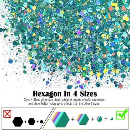 Ceya Holographic Chunky Glitter, 4.9oz/ 140g Spring Green Craft Glitter Powder Mixed Chunky & Fine Flakes Iridescent Nail Sequins for Nail, Hair, Epoxy Resin, Tumblers, Slime, Painting, Festival Decor
