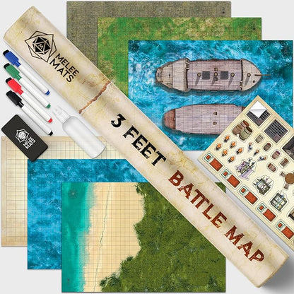 Melee Mats DND Map Starter Kit for Dungeons and Dragons Game - 24” x 36" 3 Pack Double Sided, Wet/Dry Erase Battle Terrain Grid - Ultimate Tabletop Board Gaming Experience with Accessories