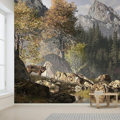 wall26 Wolf Near a Lake in a Rocky Mountain Landscape. Removable Wall Mural | Self-Adhesive Large Wallpaper - 108x144 inches