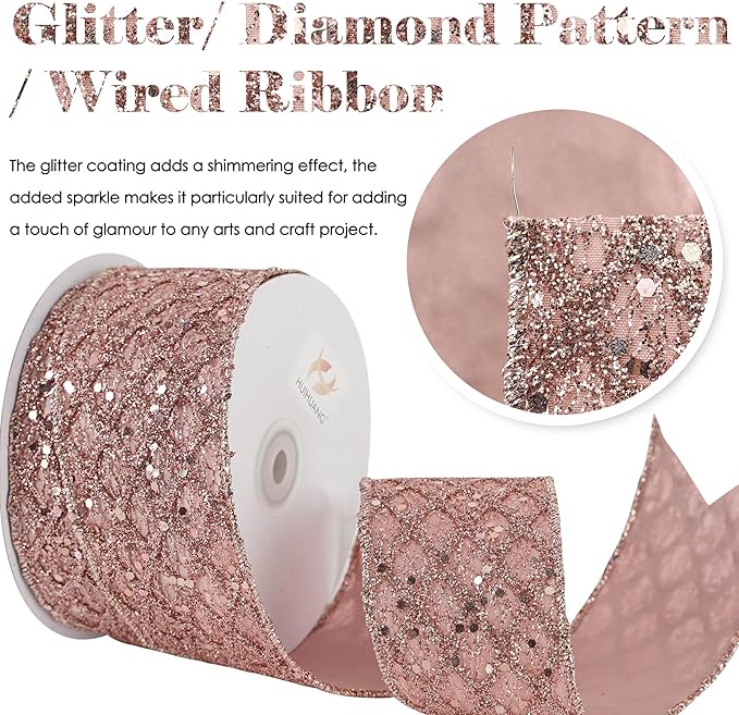 HUIHUANG Rose Gold Glitter Wired Ribbon for Christmas Tree 2.5 inch Rose Gold Diamond Mesh Ribbon for Tree Decoration, Wreaths, Garland, Gift Wrapping, Bows Making, Home Decor -10 Yards
