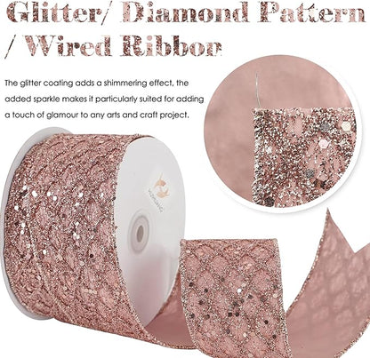 HUIHUANG Rose Gold Glitter Wired Ribbon for Christmas Tree 2.5 inch Rose Gold Diamond Mesh Ribbon for Tree Decoration, Wreaths, Garland, Gift Wrapping, Bows Making, Home Decor -10 Yards