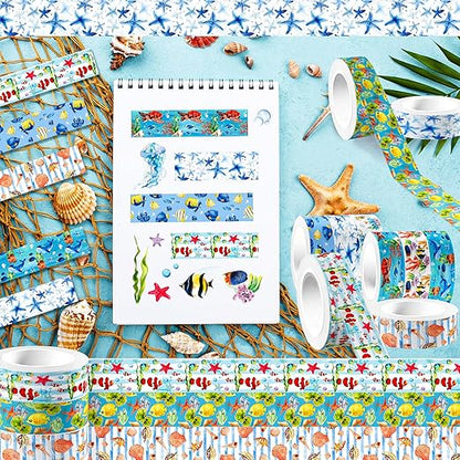 12 Rolls Blue Ocean Washi Tape, Underwater World Masking Tapes, Sea Animal Cartoon Decorative Tape for Arts, DIY Crafts, Journals, Planners, Scrapbook, Wrapping 16.4FT