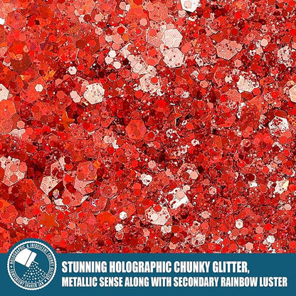 Estanoite Holographic Chunky Glitter, 160G/5.64OZ Glitter, Mixed Fine & Chunky Glitter for Epoxy Resin, Iridescent Glitter for Crafts Tumblers, Halloween Christmas Festival Painting Decor (Red)