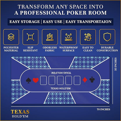 Poker Table Top - Foldable 70" x 35" Texas Hold'em Poker Mat with Non-Slip Backing and Zipper Carrying Bag - Waterproof and Portable Casino Table Topper Card Mat for Home Game Nights Up to 10 Players