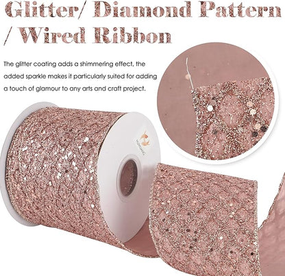 HUIHUANG Rose Gold Christmas Ribbon 4 inch Rose Gold Glitter Wired Ribbon Diamond Mesh Wire Ribbon for X-mas Tree Decorations, Wreaths, Garland, Large Bows Making, Home Decor -10 Yards