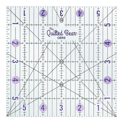 The Quilted Bear Quilting Rulers - Transparent Acrylic Non Slip Quilting, Patchwork & Sewing Ruler with Clear Black Lines & 30, 45 & 60 Degree Angles for Perfect Accuracy & Precision (6" x 6")