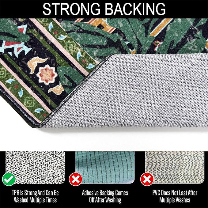 Oriental Tropical Entryway Rugs Washable, Thin Black Boho Vintage Distressed Hippie 2x3 Throw Rugs for Bathroom Kitchen Indoor Doormat Non-Slip Abstract Botanical Tribal Indian Accent Carpet