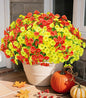 Fake Mums Fall Artificial Flowers Plants for Outdoors Autumn Decoration, 12 Bundles Silk Morning Glory with Eucalyptus Realistic UV Resistant Faux Mums for Outside Planter Yard Garden Home Indoor, Mix