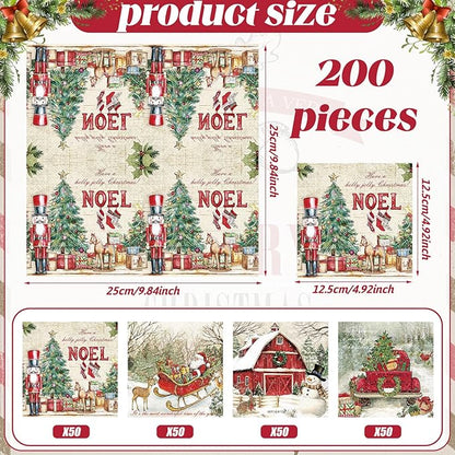 Janlaugh 200 Pcs Christmas Cocktail Napkins Disposable Nutcracker Paper Napkins Decoupage 2 Ply Vintage Santa Beverage Dinner Towels for Xmas Party Favor Supplies