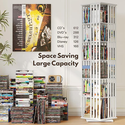 XIMN 360° Rotating Bamboo CD/DVD Shelf - 6-Tier Space-Saving Media Storage Cabinet for Movies, Organizer with Super Compact Design (White, 6 Tier)