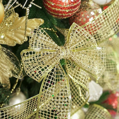 MEEDEE Gold Glitter Ribbon Gold Christmas Ribbon 2.5 Inch Square Mesh Net Wired Ribbon with Rainbow Sparkle Gold Wired Ribbon Gold Ribbon for Christmas Tree Decoration, Wreath Bow Making (10 Yards)