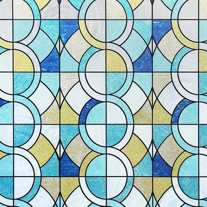 Window Privacy Film, Frosted Glass Decorative Static Cling, Removable Sun Blocking Vinyl Covering, Window Film for Home Kitchen Living Room Bathroom, Geometric Rings, 17.5" x 78.7 "