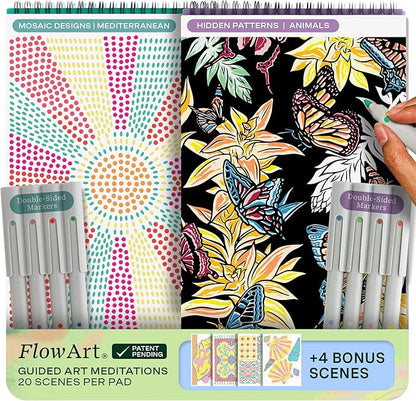 Lifelines FlowArt Activity Pad, 2-Pack - Guided Art Meditations with Markers - Mediterranean Mosaic Designs & Animal Hidden Patterns - Coloring Books for Teens, Adults & Seniors