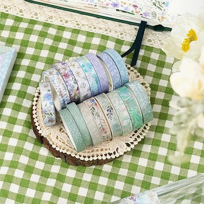 YUBX Spring Washi Tape Set 16 Rolls Flowers Printed Embellishment Green Decorative Masking Tapes for Arts, DIY Crafts, Journals, Planners, Scrapbook, Wrapping