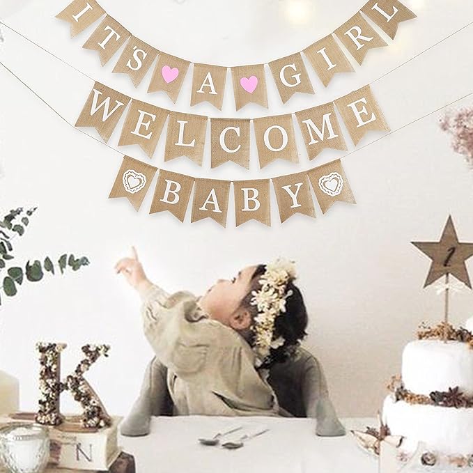 MEEDEE Burlap Banner Welcome Baby Girls Banner Rustic Baby Shower Party Favors Decorations Banners and Signs Baby Shower Bunting Pink (3 Pieces)