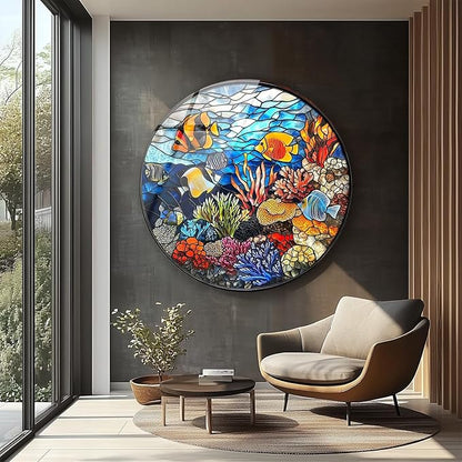 My Photostation.com 15.8''(40cm) Diameter Coral Reef Mosaic Round Glass Wall Art Tempered Glass Printing Wall Decor Large Wall Art Wall Hangings