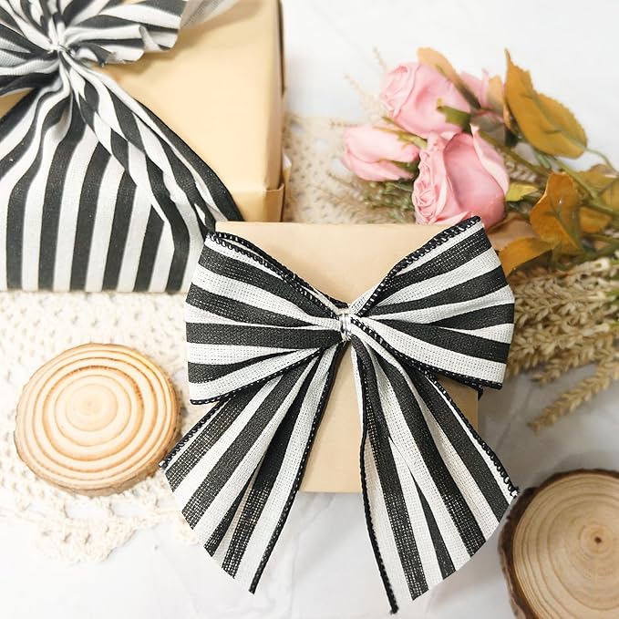CT CRAFT LLC Striped Canvas Cotton Ribbon 2.5" x 10 Yards Ivory/Black Stripes for Thanksgiving Christmas Home Décor Gift Wrapping Outdoor Tree Topper Bow Wreath