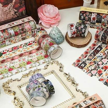 10 Rolls Blooming Flowers Washi Tape Set Floral Arts Adhesive Tapes Colorful Garden Decorative Masking Tape Sets for Craft, Kids, Scrapbook, DIY, Gift Wrapping (5-Browns)