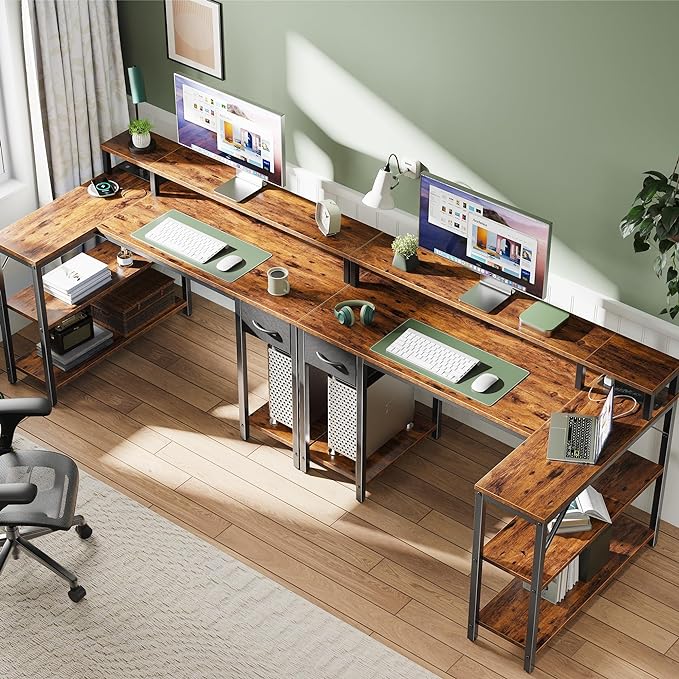 SUPERJARE 47 inch Reversible L Shaped Desk with LED Lights & Power Outlets, Computer Desk with Shelves & Monitor Stand, Gaming Desk with Drawer, Home Office Desk Corner Desk, Rustic Brown