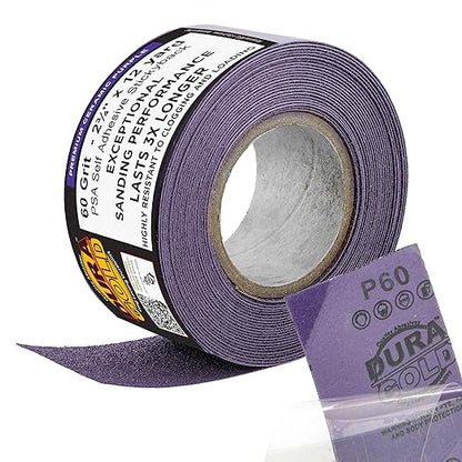 Dura-Gold Premium 60 Grit PSA Purple Film Ceramic Longboard Sandpaper, 2-3/4" Wide Continuous 12 Yard Roll - Self Adhesive Stickyback for Auto & Wood Air File Long Board Sanders, Hand Sanding Blocks