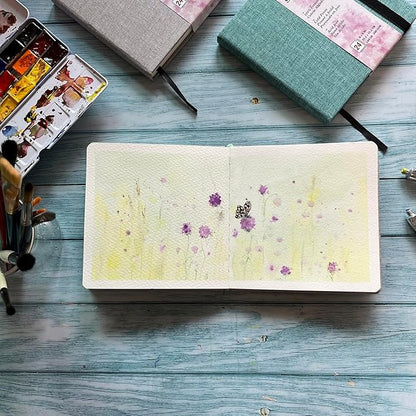tumuarta Watercolor Journal, 8.25x5.5, 140 LB, 300 GSM, Cotton Paper, Cold Press, 24 Sheets, 48 Pages, Watercolor Paper Sketchbooks for Use As Travel Notebook and Mixed Media Pad