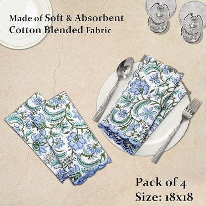 Ridhi Columbia BlueHand Block Print Napkins 18" x 18" Set of 4 Reusable Cotton Dinner Napkins for Weddings, Parties & Everyday Dining, Thanksgiving, Christmas, Fall