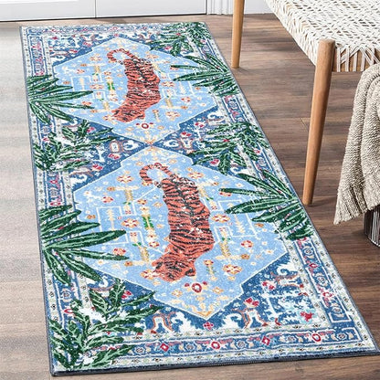 Oriental Tropical Hallway Runner Rug 2x6 Washable, Thin Stain Resistant Blue Boho Runner Rug for Entryway Kitchen Bedroom Laundry, Vintage Abstract Hippie Indian Botanical Long Floor Carpet