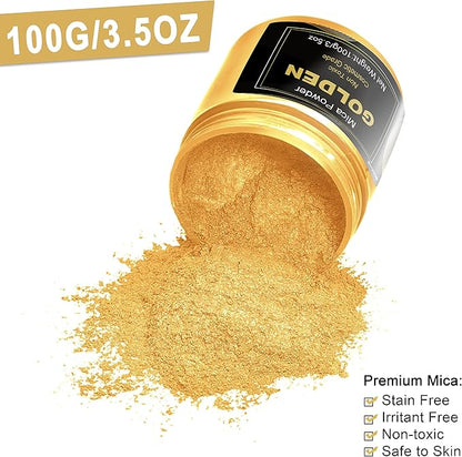 Golden Mica Powder Pigment (100g) -Cosmetic Grade Metallic Mica Powder for Epoxy Resin, Lip Gloss, Soap,Candle Making, Bath Bombs,Tumblers, Jewelry, Dyes, and DIY Crafting Projects(Golden, 3.5oz)