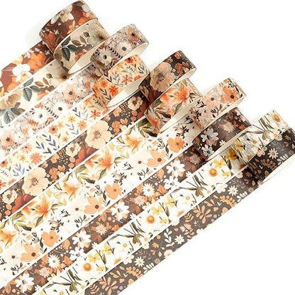10 Rolls Blooming Flowers Washi Tape Set Floral Arts Adhesive Tapes Colorful Garden Decorative Masking Tape Sets for Craft, Kids, Scrapbook, DIY, Gift Wrapping (5-Browns)