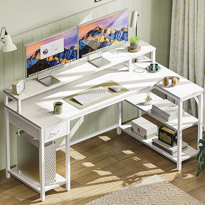 SUPERJARE 53 inch Reversible L Shaped Desk with LED Lights & Power Outlets, Computer Desk with Shelves & Monitor Stand, Gaming Desk with Drawer, Home Office Desk Corner Desk, PU White Drawer