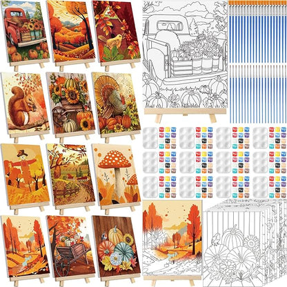 Zhanmai 12 Pack Pre Drawn Canvas for Painting Sip and Paint Kit 8" x 10" Paint Party Set Canvas Painting Pre Printed Canvases for Party Favor DIY Virtual Adult's Date Night(Fall Thanksgiving)