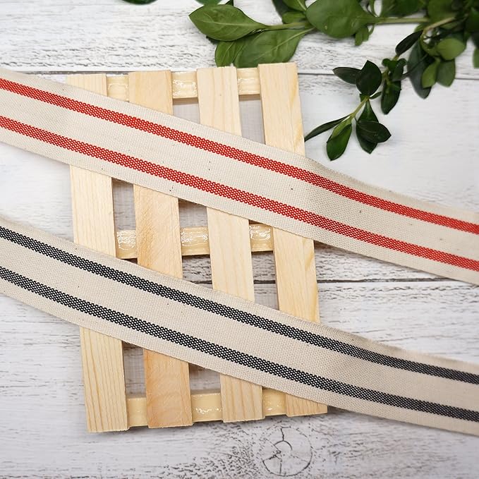 CT CRAFT LLC Ivory Cotton Red Stripes Ribbon 1" x 10 Yards for Home Décor Gift Present Wrapping DIY Crafts Birthday Wedding Bouquet Christmas
