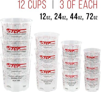 Pouring Masters Ultimate Paint Mixing Cup Kit - 12 Plastic Graduated Mixing Cups, 3 Each of 12, 24, 44, 72 Ounce Sizes - 12 Mixing Sticks, 12 Paint Strainers, 2 Tack Cloths, Mixer Blade, Can Opener