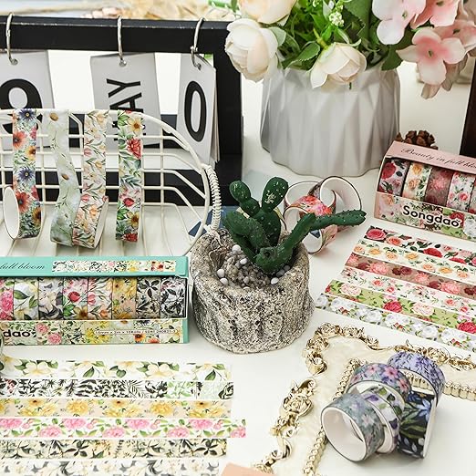 10 Rolls Blooming Flowers Washi Tape Set Floral Arts Adhesive Tapes Colorful Garden Decorative Masking Tape Sets for Craft, Kids, Scrapbook, DIY, Gift Wrapping (5-Browns)