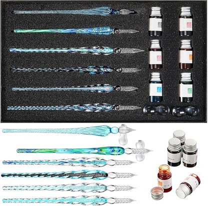 Zonon Glass Dipped Pen Ink Set 14 Pcs Include 6 Pcs Glass Dip Pen, 6 Colorful India Ink and 2 Holder Crystal Signature Calligraphy for Art, Writing, Signatures, Gift(Blue Color System)