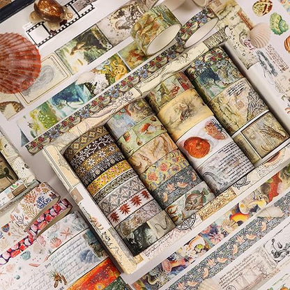 Vintage Washi Tape Set - 24 Rolls Arts Adhesive Tapes Assorted Retro Decorative Masking Tape Sets for Craft, Kids, Scrapbook, DIY, Gift Wrapping (3-Ocean Odyssey)