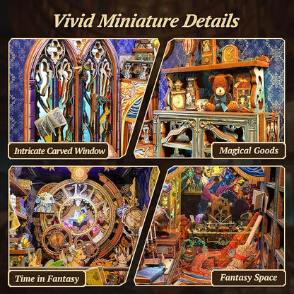 3D Wood Puzzle Book Nook Kit, Fantasy Store Bookshelf Insert with LED Lights, DIY Magical Miniature Bookend Décor for Display, Unique Craft Gift for Adults and Teens (Fantasy Store)