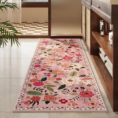 Rugcomf Runners for Hallways Kitchen Runner Rug Non Slip 2'x 10' Long Washable Rugs with Rubber Backing Soft Floral Carpet Runner for Hallways, Kitchen, Laundry, Bedroom, Bathroom(Pink)