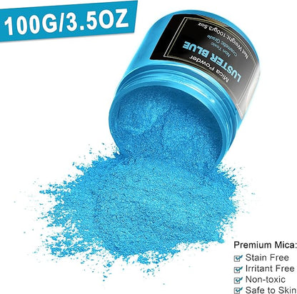 Blue Mica Powder(100g) Big Bottle Pigment Powder Multipurpose DIY Arts and Crafts Additive, Woodworking, Epoxy, Resin, Natural Bath Bombs, Paint, Soap,Nail Polish, Lip Gloss(Luster Blue, 3.5oz)
