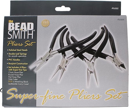 The Beadsmith Slim Line Pliers Set – Extra Fine Tips – 4.5 Inches, 4-Pieces: Round Nose, Chain Nose, Flat Nose & Semi-flush Side Cutter – Leatherette Carrying Case Included – Tools for Jewelry Making