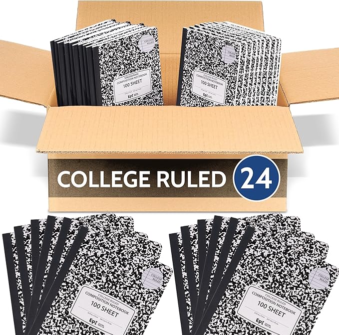 EPI Marble Hardcover College Ruled Composition Notebook | 200 Pages (100 Sheets), 9.75 x 7.5 in, Sturdy Sewn Binding | School, Office, Journaling, Notes - 24 Pack