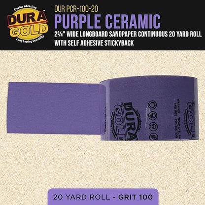 Dura-Gold Premium 100 Grit PSA Purple Film Ceramic Longboard Sandpaper, 2-3/4" Wide Continuous 20 Yard Roll - Self Adhesive Stickyback for Auto & Wood Air File Long Board Sanders, Hand Sanding Blocks