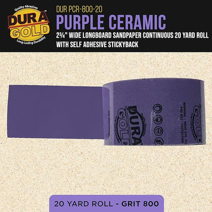 Dura-Gold Premium 800 Grit PSA Purple Film Ceramic Longboard Sandpaper, 2-3/4" Wide Continuous 20 Yard Roll - Self Adhesive Stickyback for Auto & Wood Air File Long Board Sanders, Hand Sanding Blocks