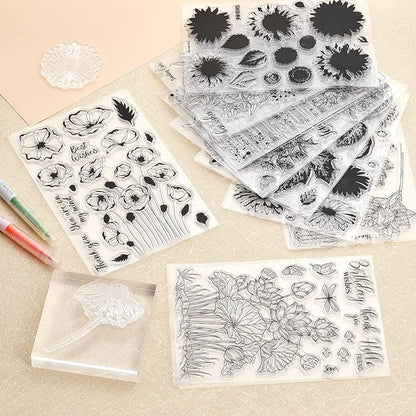 ORIGACH 9 Sheets Plants and Flowers Clear Stamps Silicone Transparent Stamps for Card Making Decoration and DIY Scrapbooking