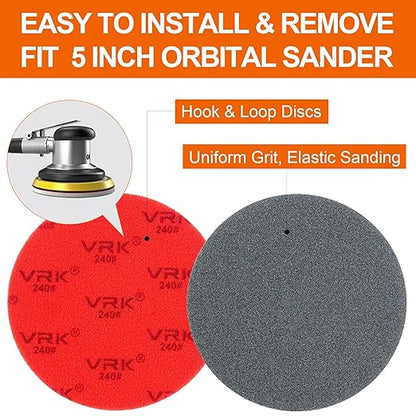 24 PCS 5 Inch Sanding Sponge Discs with Hook and Loop Backing - Multiple Grits 180 to 2000 for Random Orbital Sander Wood,Metal,Auto & Plastic Polishing - Dry and Wet Use Sponge Sandpaper