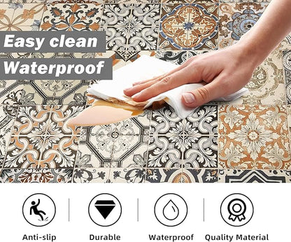 Boho Kitchen Rugs Set 2 Memory Foam Colorful Ceramic Comfort Tile Floor Mat Anti Fatigue Non-Skid PVC Runner Rug Water & Oil Proof Carpet for Kitchen Laundry Sink,17.3x28+17.3x47 Inch, C3