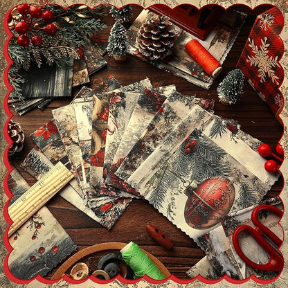 Ganeen 60 Pcs 10 x 10 Inch Vintage Christmas Quilting Fabric Squares Santa Snowman Fat Patchwork Precut Strips Watercolor Nutcracker Fabric Bundles for Winter Xmas DIY Craft Sewing Handmade Material
