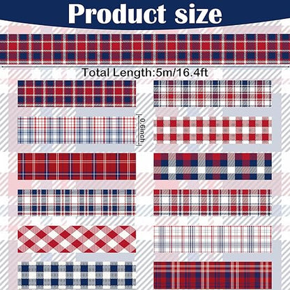 12 Rolls Basic Grid Washi Tape Set, Red Blue White Plaids Decorative Paper Stickers for Thanksgiving Christmas Independence Day Scrapbook Journaling DIY Art Crafts Gift Wrapping 16.4FT