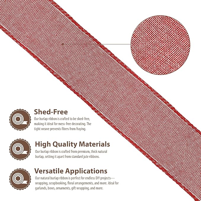 Mandala Crafts Red Burlap Wired Ribbon 2 Inches Wide Jute Ribbons for Crafts - 10 Yds Roll Rustic Burlap Wrap Trim Ribbons for Wreaths Bows Party Decoration
